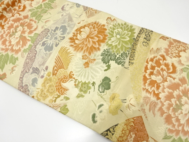 JAPANESE KIMONO / ANTIQUE NAGOYA OBI / WOVEN JIGAMI & KIKU & PHOENIX & PEONY